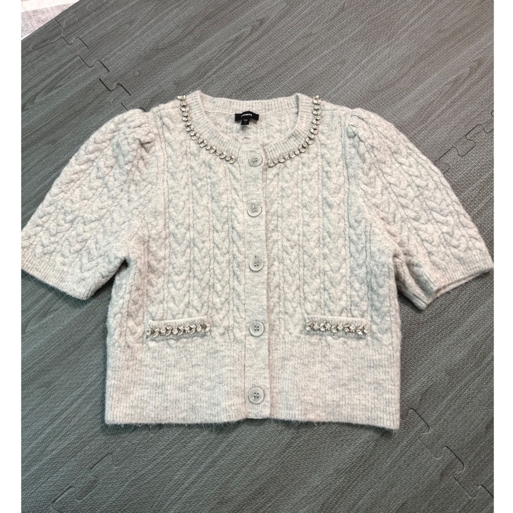 Express Womens Light Gray Cable Knit Rhinestone Short Sleeveβ Cardigan Sweater S